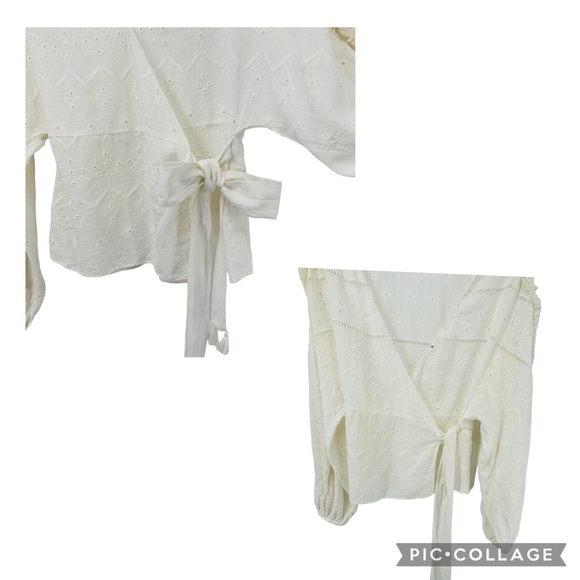 Zara Trf Collection Off-White Sheer Eyelet Fringe Wrap Boho Blouse - Sz S - Picture 10 of 16